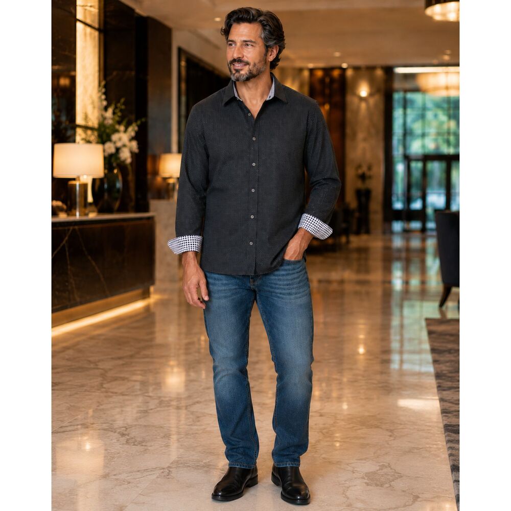 Denim & Flower Ricky Singh Men’s Buttondown XL Black Micro Dot Contrast Cuff